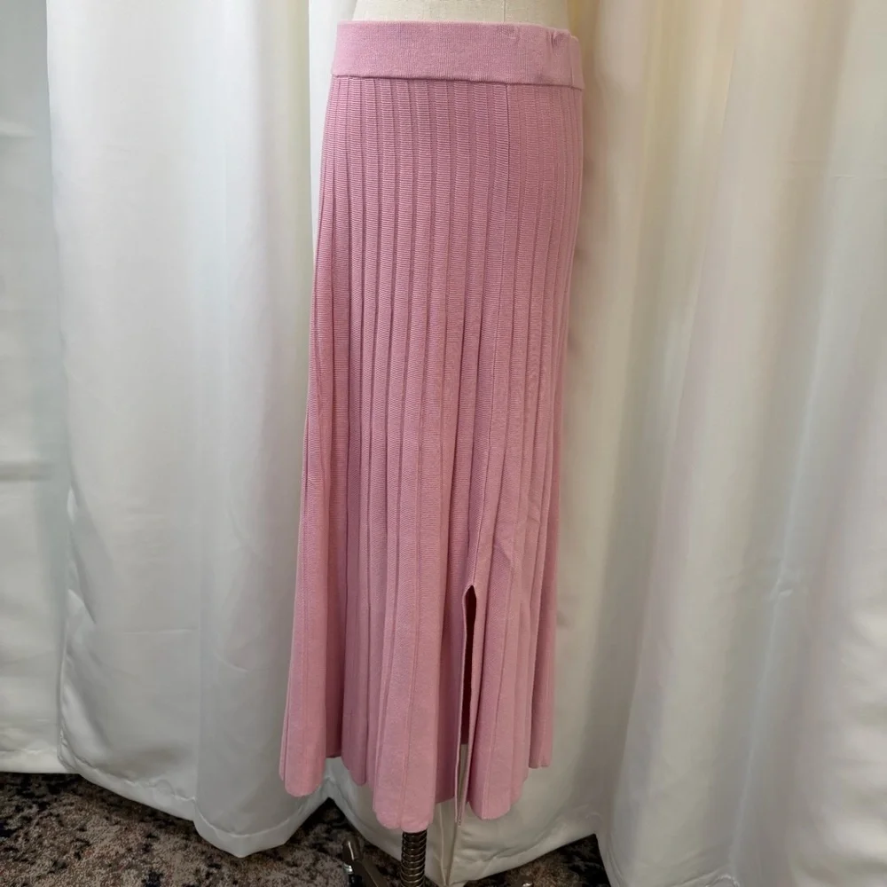 NWT Saks Fifth Avenue Pink Stretch Knit Wide Ribbed Midi Skirt w/ Slit Size S